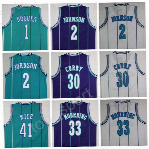 Men Sale 1 Tyrone Muggsy Bogues Jersey Throwback 2 Larry Johnson 30 Dell Curry 33 Alonzo Mourning 41 Glen Rice Basketball Jerseys Cheap