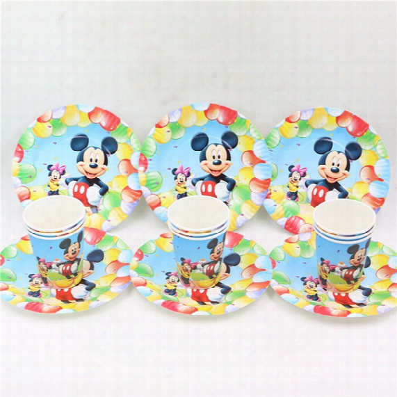 Wholesale-20pcs Kids Boys Birthday Decoration Mickey Mouse Theme Paper Tableware Set Plates Cups For 10people Baby Shower Boys