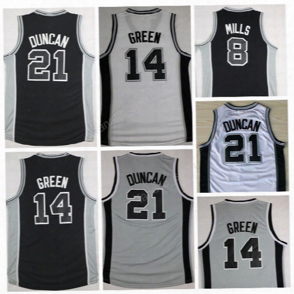Wholesale 8 Patty Mills Jersey Men 14 Danny Green 20 Manu Ginobili 21 Tim Duncan Basketball Jerseys Embroidery Gray White Black Color Team