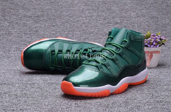 Free Shipping 2017 Air Retro 11 Miami Hurricanes Basketball Shoes Air Retro 11s Green Orange Sneakers Size Us 7 - 13 Come With Box