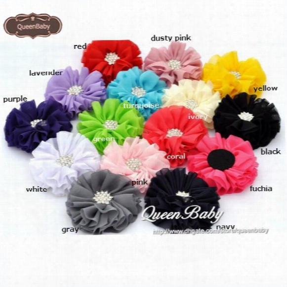 New 2.5&quot; Ballerina Flowers Chiffon Flowers With Sparking Rhinestone Button 15 Color Newborn Photography Props 40pcs/lot Queenbaby