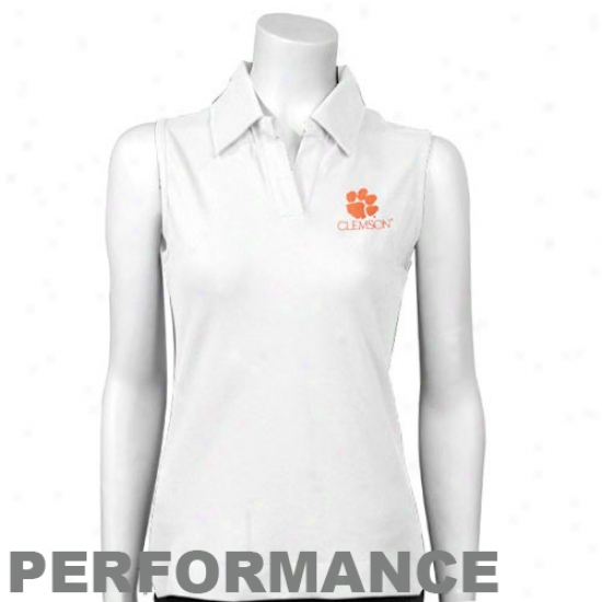 Clmeson Polos : Cutter & Buck Clemson White Ladies Drytec Sleev3less Performance Polos