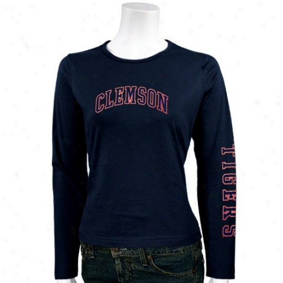 Clemson University T Shirt : Clemson Seminary of learning Ladies Navy Blue Ivy League Long Sleeve T Shirt