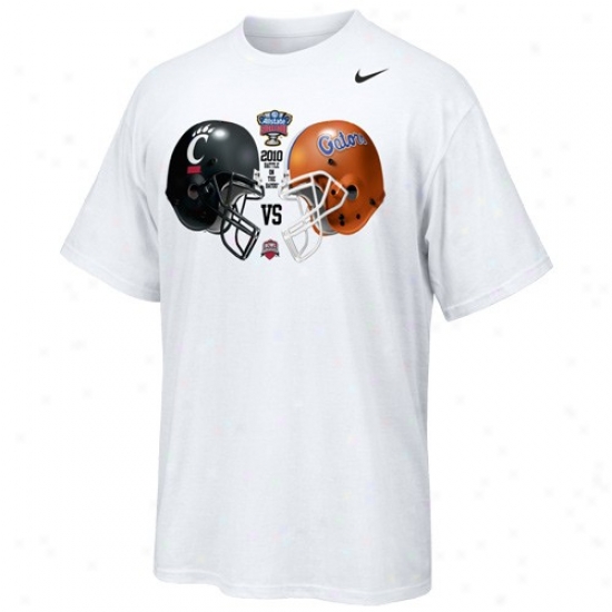 Gators T-shirt : Nike Cincinnati Bearcats Vs. Gators White Duel In The Bayou Helmet T-shirt