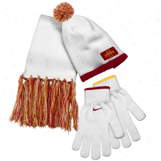 Nike Iowa State Cyclones Ladies White Beanie, Scarf & Gloves Set
