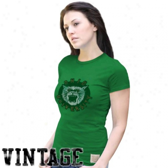 Ohio Bobcats Apparel: Original Retro Brand Ohio Bobcats Ladies Green Distressed Crew-neck Vintage Premium T-shirt