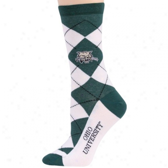 Ohio Bobcats Ladies Whjtte-green Argyle Socks