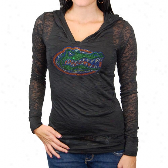 University Of Florida Attire: University Of Florida Ladies Black Sheer Burnout Premium Crystal Logo Long Sleeve Hoody T-shirt