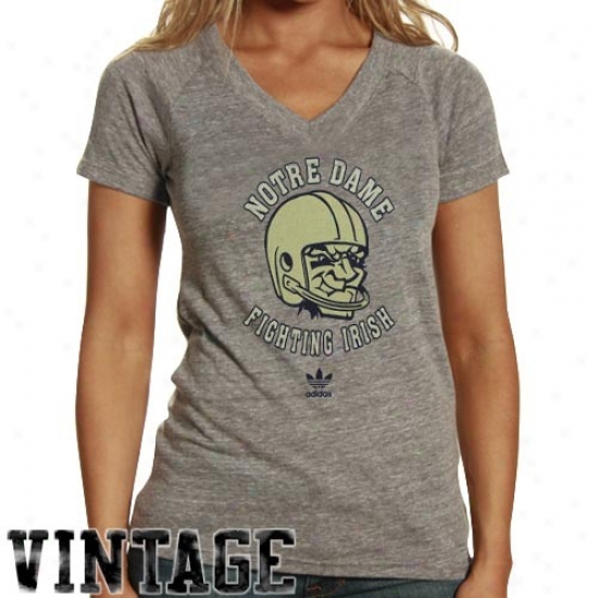 Seminary of learning Of Notre Mistress Tees : Adidas University Of Notre Dame Ladies Ash Helmet Heads Tri-blend V-neck Tees