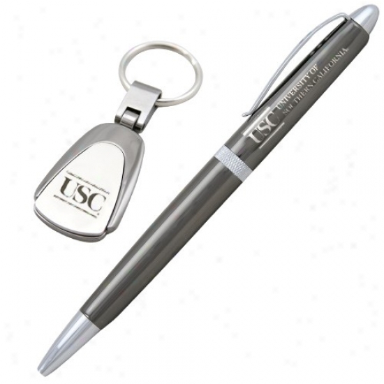 Usc Trojans Black Chrome Pen And Keychain Set