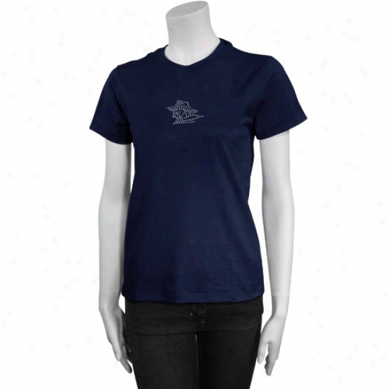 Utep Miners Apparel: Utep Miners Ladies Navy Blue Rhinestone Logo Cap Sleevr T-shirt