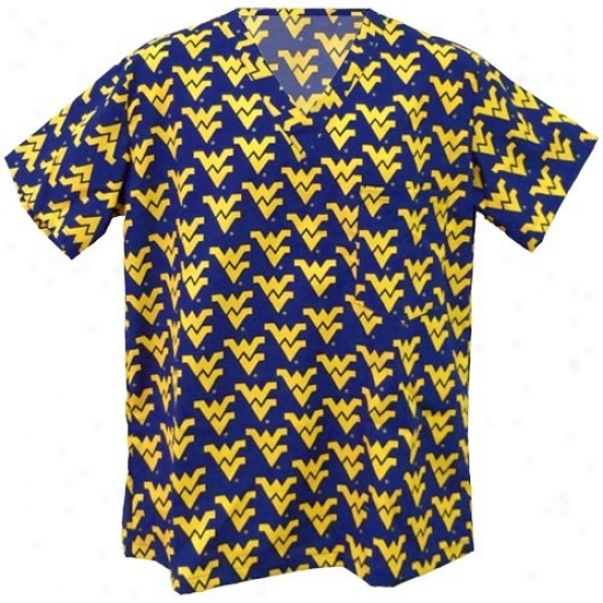 West Virginia University Clothes: West Virginia Univereity Navy Blue All Over Print Scrub Top