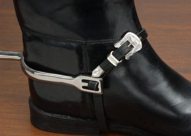 Equiroyal Silver Buckle LeatherS pur Straps - Black - 12 Long 3/8 Wide