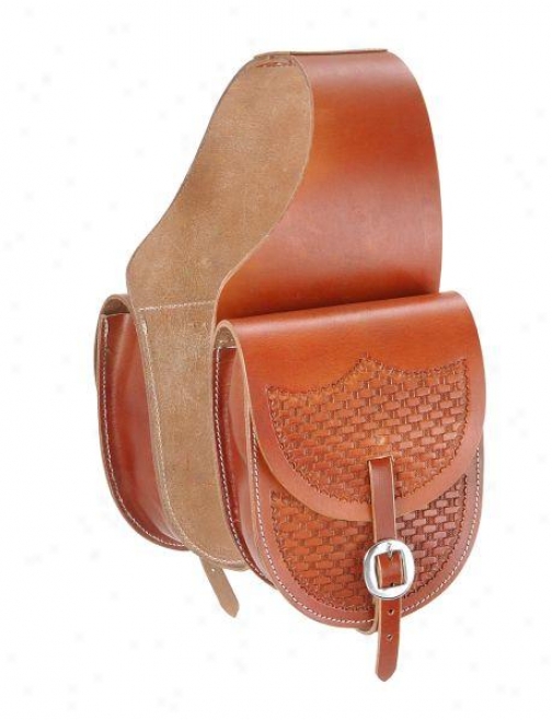 Tough-1 Leather Saddle Bag With  Basket Stamp - Med. Tan