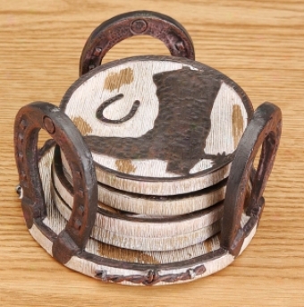 Western Style 4 Piece Coaster Set - Brown - 3 1/2 Diameter