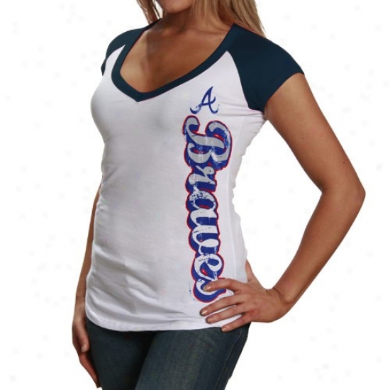 Atlqnta Bravds Apparel: Atlanta Braves Ladies Whiite Side Script V-neck Raglan T-shirt