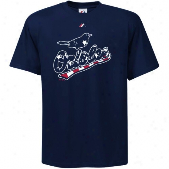 Baltimore Orioles Tshirt : Majestic Baltimote Orioles Navy Blue Stars & Stripes Logo Tshirt