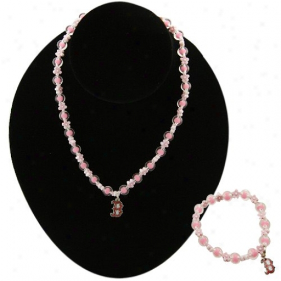 Boston Red Sox Girls Pink Beqded Bracelet & Necklace Set W/team Logo Charm
