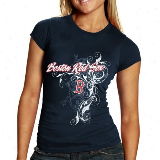 Boston Red Sox T-shirt : Boston Red Sox Ladies Navy Blue Tattoo Sparkle T-shirt