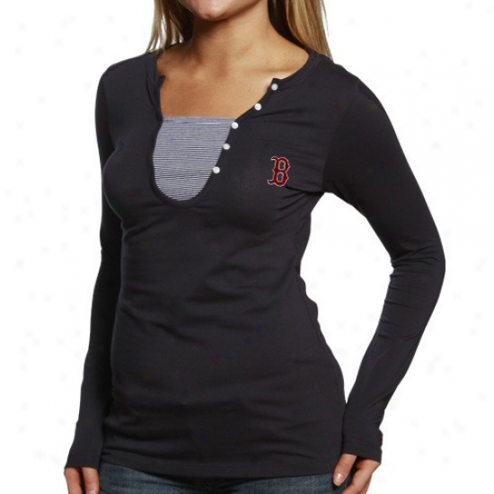 Boston Red Sox Tshirt : Cutter & Buck Boston Red Sox Ladies Navy Blue Dulcet Henley Long Sleeve Premium Tshirt