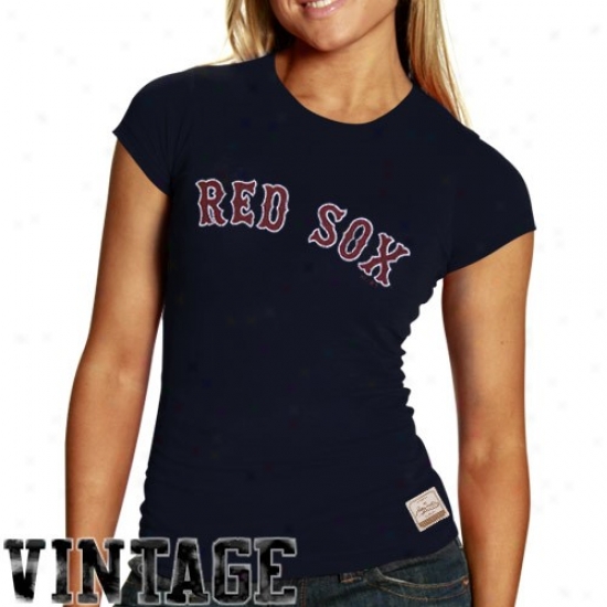 Boston Red Sox Tshirts : Majestic Select Boston Red Sox Ladies Navy Blue Paramount Vintage Premium Tshirts