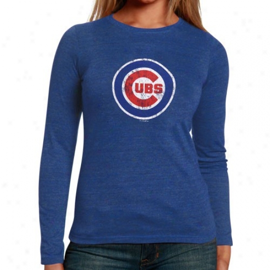 Chicago Cubs T Shirt : Chicago Cubs Royal Ladies Blue Distressed Logo Triblend Long Sleeve T Shirt