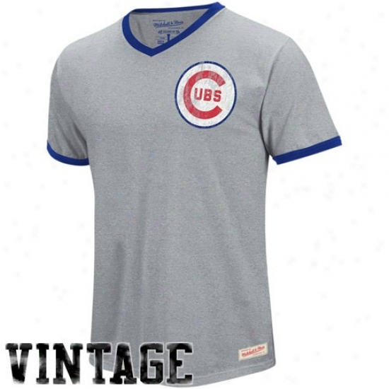 Chicago Cubs Tshirts : Mitchell & Ness Chicago Cubs Ash No Hitter Premium V-neck Ringer Tshirts