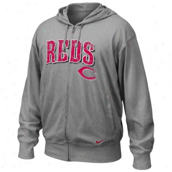 Cincinnati Reds Sweatshirts : Nike Cinccinnati Reds Ash Mlb Pick Off Full Zip Long Sleeve Sweatshirts T-shirt