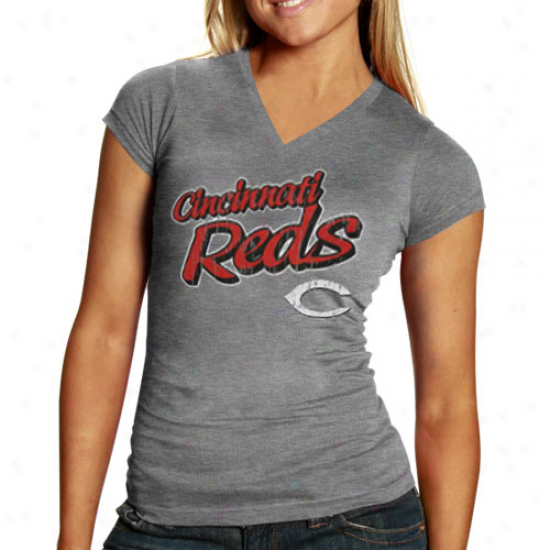 Cindinnati Reds Tshirt : Cincinnati Reds Ladies Ash Distressed Team Tri-blend Tshirt