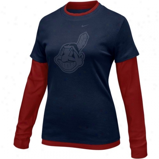 Cleveland Indians Apparel: Nike Cleveland Indinas Lacies Navy Blue-red Douboe Layer Team Logo Long Sleeve T-shirt