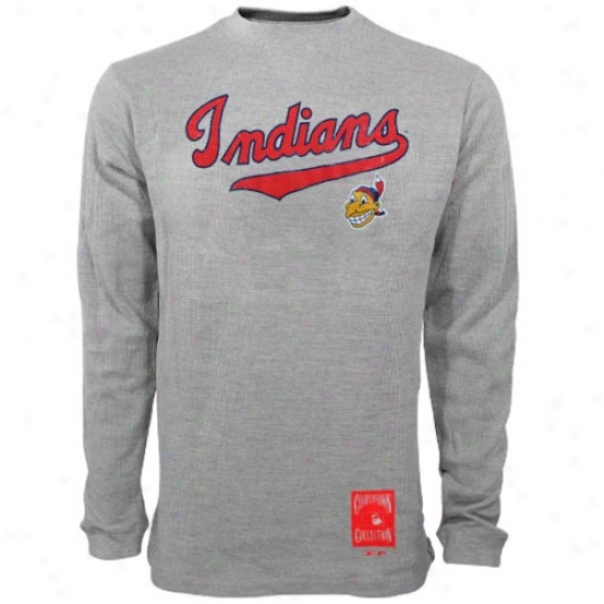 Clevelannd Indians Apparel: Reebok Cleveland Indians Ash Cooperatown Classic Wordmark Long Sleeve Warm T-shirt