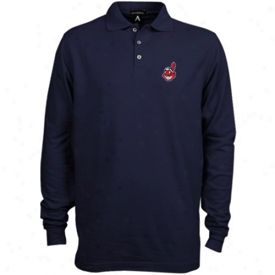Cleveland Indians Clothing: Antigua Cleveland Indians Navy Blue Classic Pique Long Sleeve Polo