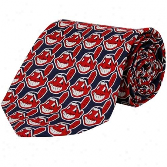 Cleveland Indians Navy Blue All-over Logo Print Silk Neck Tie