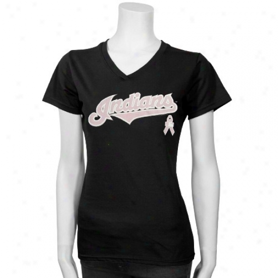 Cleveland Indians Shirts : Cleveland Indians Ladies Black Breast Cahcer Research Logo Shirts