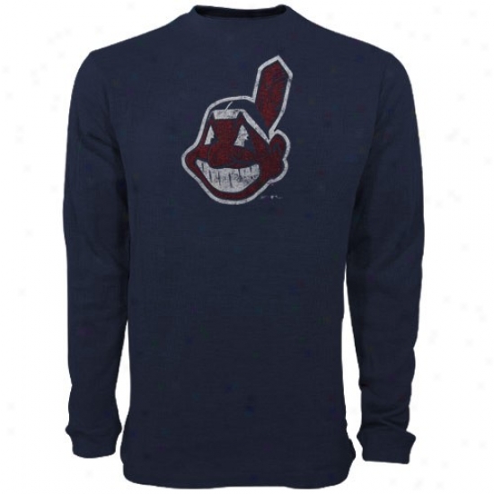Cleveland Indians T-shirt : Reebok Cleveland Indians Navy Blue Faded Logo Long Sleeve Thermal T-shirt