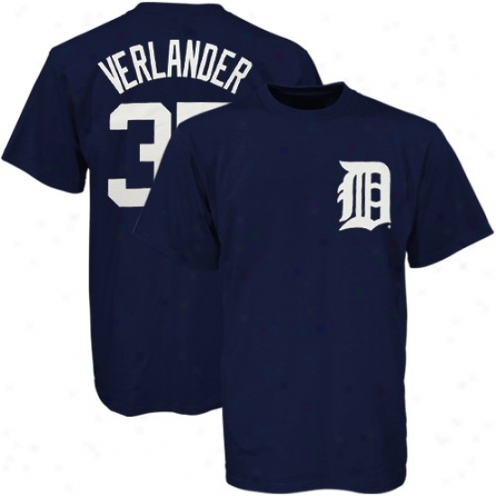 Detroit Tigers Attire: Majestic Detroit Tigers #35 Justin Verlander Navy Blue Youth Players T-shirt