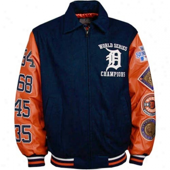 Detroit Tigers Jacket : Detroit Tigers Navy Blue World Succession Champions Varsity Leather Jacket