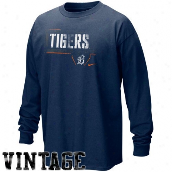 Detroit Tigers Shirt : Nike Detroit Tigers Navy Blue Looping Liner Long Sleeve Vintage Shirt