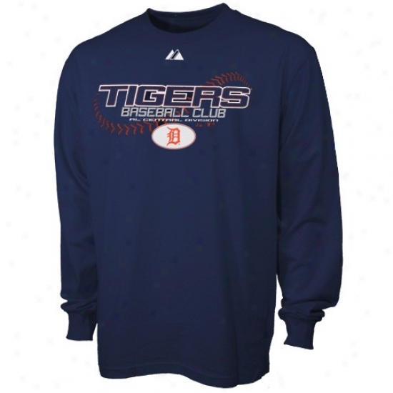 Detroit Tigers Tee : Majestic Detroit Tigers Navy Blue Youth On The Ball Long Sleeve Tee