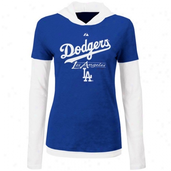 L.a. Dodgers Tee : Majestic L.a. Dodgers Ladies Royal Blue-white Close Call 2fer Long Sleeve Double Layer Premium Hoody Tee