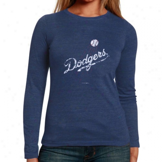 L.a. Dodgers Tees : L.a. Dodgers Ladies Navy Blue Disterssed Logo Triblend Long Sleeve Tees