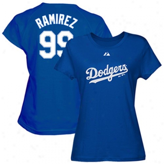 L.a. Dodgers Tshirts : Majestic L.a. Dodgers #99 Manny Ramirez Ladies Royal Blue Name & Number Tshirts
