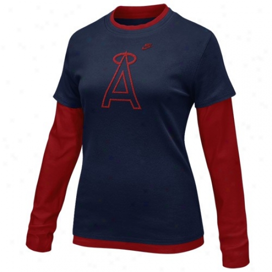 Los Angeles Angels Of Anaheim Shirts : Nike Los Angeles Angels Of Anaheim Ladies Navy Blue-red Cooperstown Layered Long Sleeve Shirts