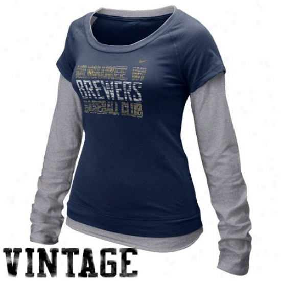 Milwaukee Brewers Apparel: Nike Milwaukee Brewers Ladies Navy Blue-ash Who's My Team Doubling Layer Long Sleeve Vintage T-shirt