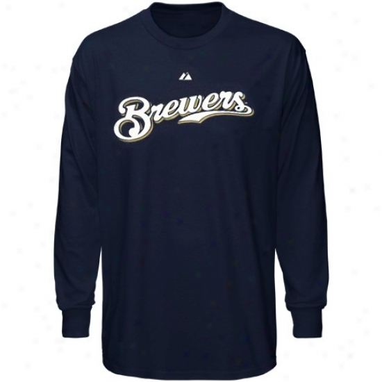 Milwaukee Brewers Shirts : Elevated Milwaukee Brewers Navy Blue Wordmark Long Sleeve Shirts