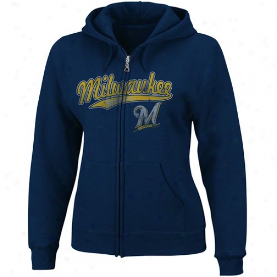 Milwaukee Brewers Sweat Shirts : Majeqtic Milwaukee Brewers Ladies Navy Blue Backlot Drama Full Zip Sweat Shirts