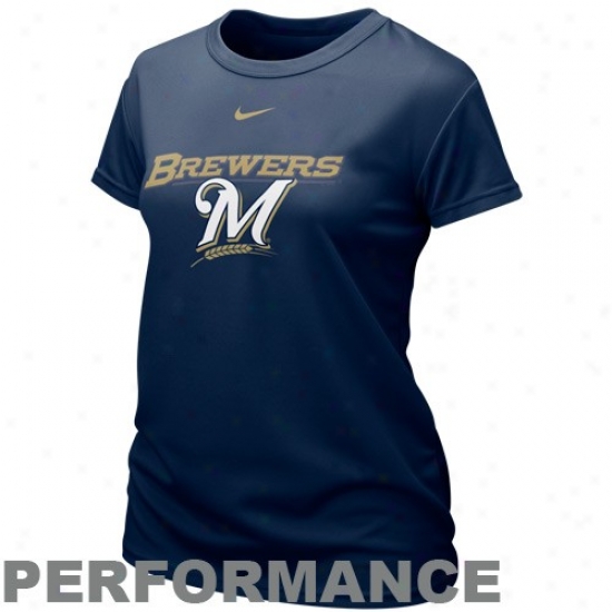 Milwaukee Brewers Tees : Nike Milwaukee Brewers Ladies Navy Blue Mlb Dri-fit Graphic Performance Tees