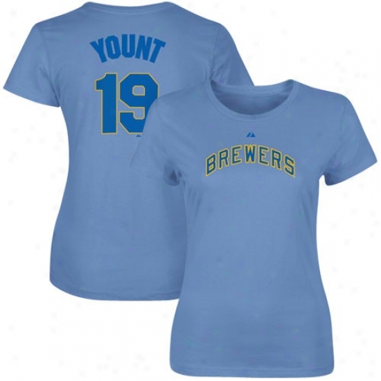 Milwaukee Brewers Tshirt : Majestic Milwaukee Brewers #19 Robin Yount Ladies Light Blue Cooperstown Player Tshirt