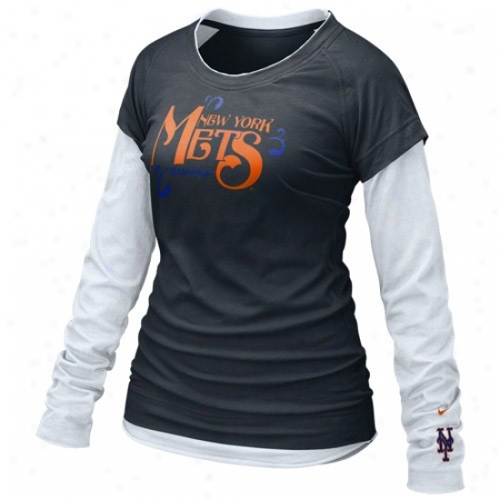 New York Mets Apparel: Nike New York Mets Ladies Black-white Who's My Team Double Layer Long Sleeve T-shirt