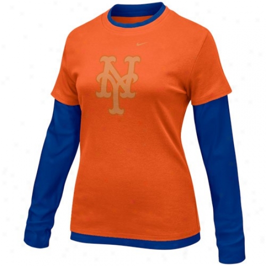 New York Mets Clothes: Nike New York Mets Ladies Orange-royal Blue Double Layer Team Logo Long Sleeve T-shirt